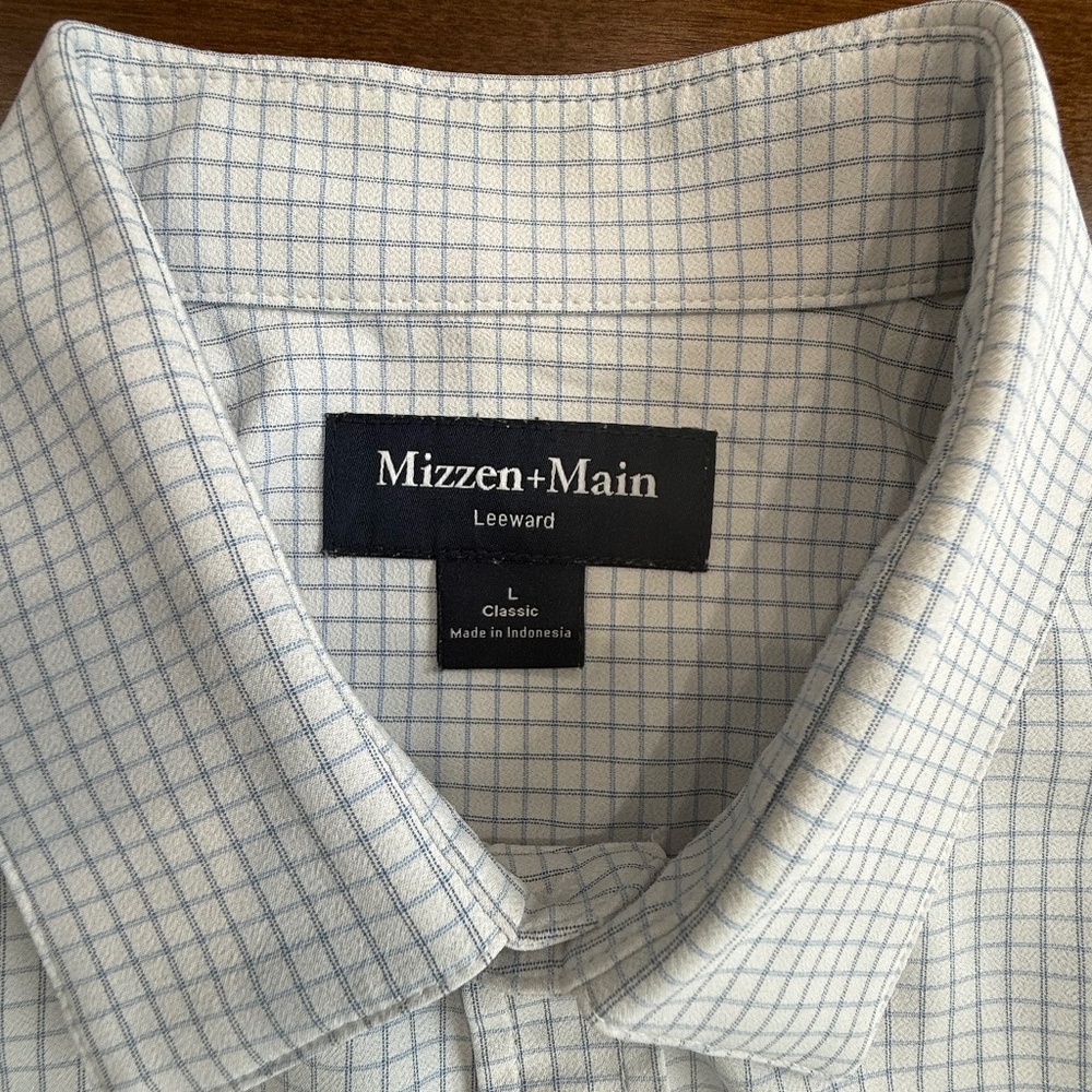 MIZZEN+MAIN Leeward Performance Dress Shirt –Blue/White Plaid Mens L Classic Fit